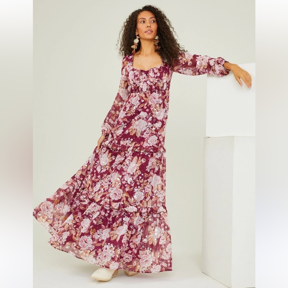 Altar'd State Floral Maxi Dress in Burgundy and Pink